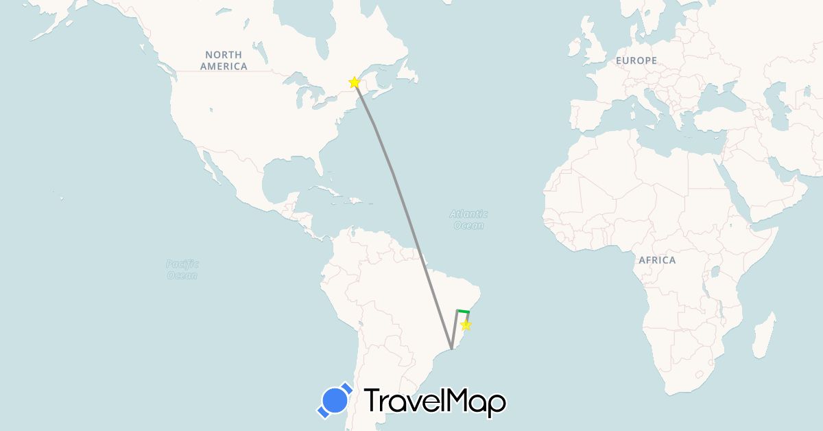 TravelMap itinerary: driving, bus, plane in Brazil, Canada (North America, South America)